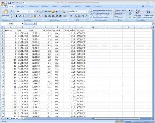 Die gespeicherten Messwerte werden als .xls Datei auf die SD-Karte abgelegt und knnen im Standard Excel Programm geffnet und bearbeitet werden.